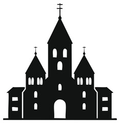 Fototapeta premium Silhouette of a church with towers, crosses, and arches on a white background.