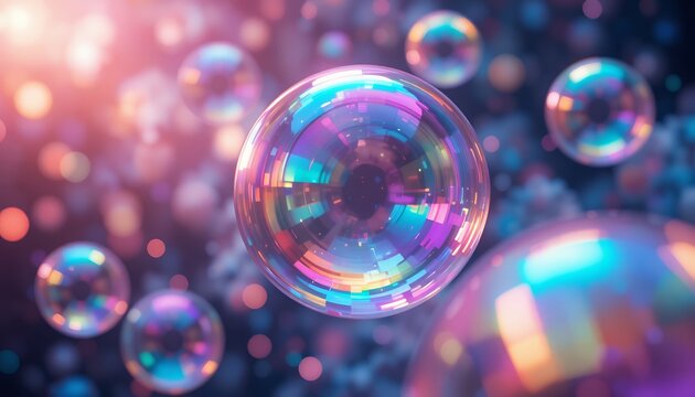 Colorful translucent spheres floating in a dark blurred environment with glowing reflections and - Powered by Adobe