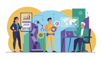 Business team planning future industry growth and global strategy using technology automation and collaboration