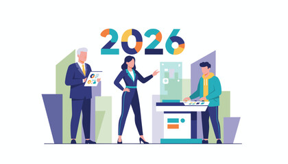 Business team collaborates on 2026 goals using innovative technology and data analysis