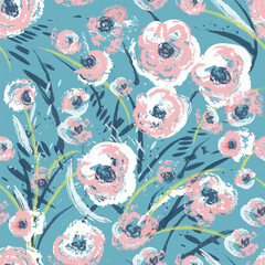 Seamless floral pattern featuring abstract pink and white flowers painted in a loose, expressive brushstroke style on a blue background. Artistic spring design ideal for textiles, fashion fabrics
