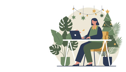 Remote worker using laptop at a festive green desk WFH productivity during the holiday season