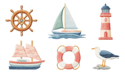 Nautical Symbols Collection with Sailboat, Lighthouse, Ship, Lifebuoy, and Seagull