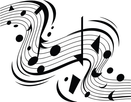 Abstract musical notes and symbols flowing on a white background
