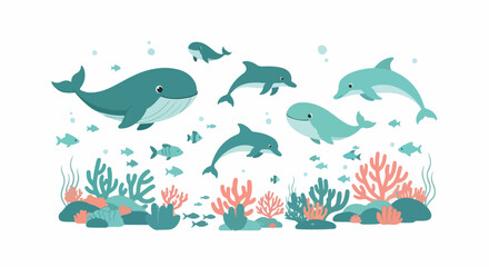 Whales and dolphins swimming together above corals, suitable for nursery décor, posters, wallpapers, and nature education visuals