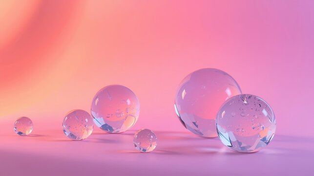 Delicate glass spheres with water droplets shimmer in soft pastel light