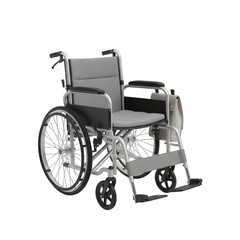 Fototapeta premium Medical Wheelchair with Gray Upholstery and Large Rear Wheels Isolated on Transparent Background for Healthcare and Mobility Concepts