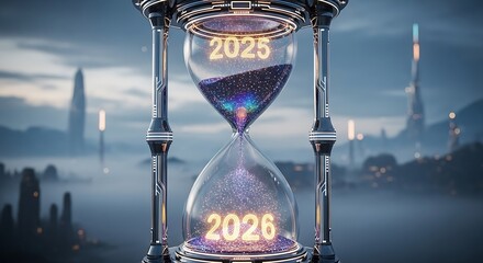 Futuristic Hourglass with Glowing 2025 to 2026 Transition in a Misty Sci-Fi Cityscape; Digital Sand of Time Flowing Towards the New Year