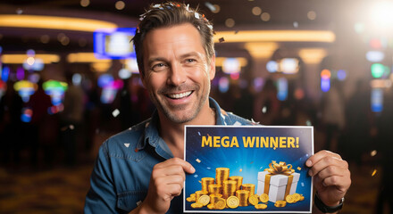 Lottery prize winner, gambling reward holding flyer for gift and jackpot