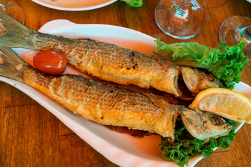 fried local Black Sea grey mullet fish on plate