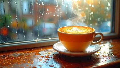 Warm, foamy drink sits on a wooden sill, window streaked with rain, blurred light visible through glass
