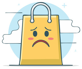 Sad shopping bag cartoon with eyes and sad face expression, yellow color