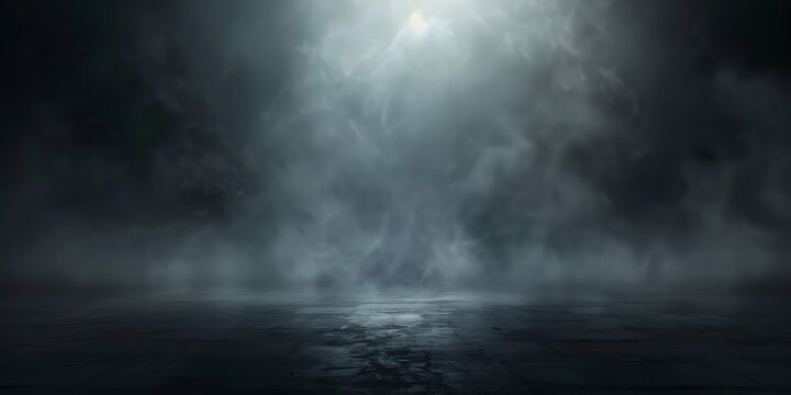 Dramatic spotlight illuminates swirling smoke on a wet, reflective surface.