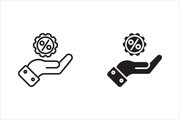 A collection of discount icons, featuring a hand holding a percentage sign inside a gear, with outline and solid black versions, symbolizing sales, promotions, interest rates, or special offers.