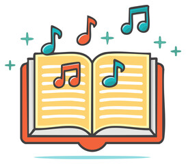 Open musical notation book with floating musical notes and sparkling accents symbolizing melody creation