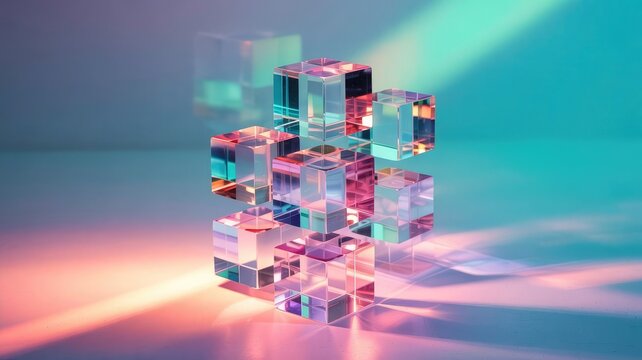Abstract crystal cubes refract vibrant light in modern, geometric composition
