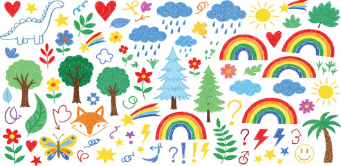 A vibrant and whimsical collection of hand-drawn elements, featuring playful rainbows, cute animals, and natural imagery, perfect for children's designs and joyful illustrations