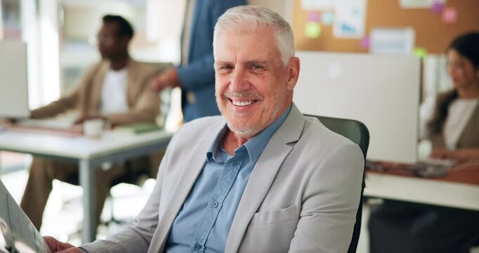 Smile, computer and face of business man in office for about us, journalist editor and pride. Publishing agency, coworking and confidence with mature person in startup for reporter fact check