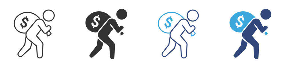 thief carrying money beg on back icon set , Robbery, Crime and Finance security icon symbol , vector illustration  . 