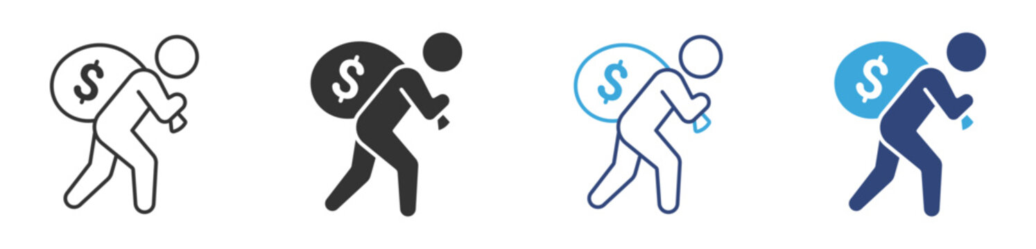 thief carrying money beg on back icon set , Robbery, Crime and Finance security icon symbol , vector illustration  . 