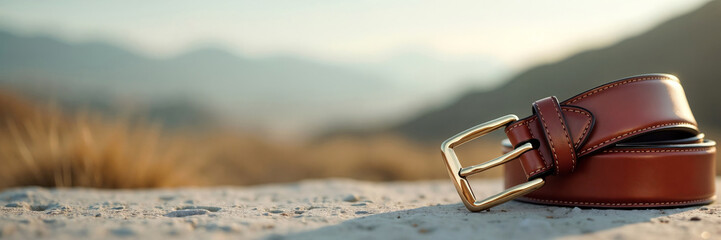 Brown leather belt with golden buckle resting on sandy ground against Panoramic natural mountain landscape