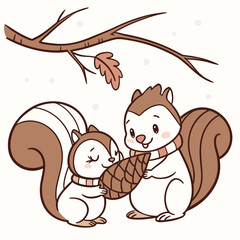 Two adorable cartoon squirrels sharing a pinecone under a tree branch in autumn
