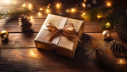 a thoughtfully wrapped gift rests on a rustic wooden surface a symbol of celebration and appreciation