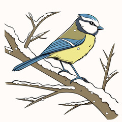 A charming blue tit bird perched on a snow covered branch in a winter scene
