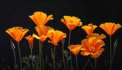 Vibrant orange poppy flowers stand out against a stark black background, showcasing delicate petals & budding stems