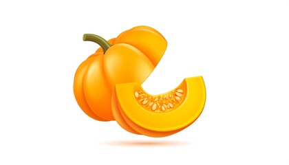 Vibrant orange pumpkin with slice removed, revealing seeds. Realistic digital illustration on a plain white background