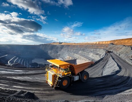 massive coal mining truck in a vast open pit landscape