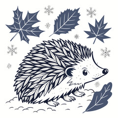 Charming cartoon hedgehog with falling leaves and snowflakes in a whimsical winter forest scene