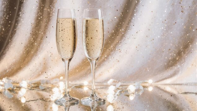 Two elegant champagne flutes with sparkling wine on a festive golden background with bokeh lights. - Powered by Adobe