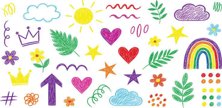 Colorful Hand-Drawn Elements Sun, Stars, Hearts, Clouds, Rainbow, Flowers, and Leaves for Creative Designs