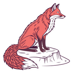 Fototapeta premium Stylized illustration of a red fox sitting on a rock with a bushy tail and white background