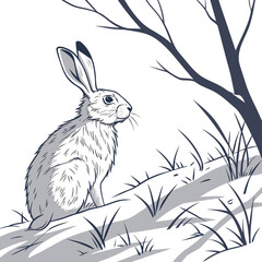 A solitary rabbit sits alertly in the snow near a bare tree in a winter landscape illustration