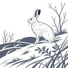 Detailed line drawing of a hare sitting in a snowy landscape with bare branches and grass
