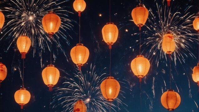 Vibrant Lanterns and Fireworks Illuminate the Night Sky.
