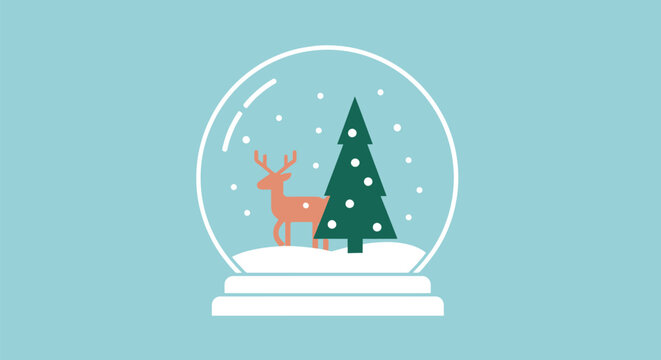 Festive snow globe with christmas tree and reindeer on a light blue background