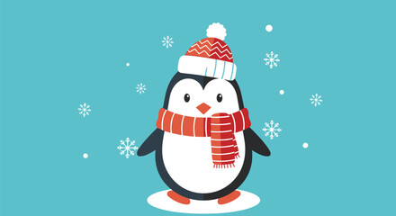 Cute penguin wearing a winter hat and scarf standing on snow with snowflakes falling
