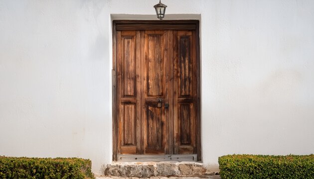 weathered rustic wooden door against a crisp white wall a minimalist architectural detail showcasing timeless charm and natural textures