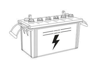 Detailed line art illustration of a car battery with terminals, cables, and power symbol.
Perfect for automotive manuals, technical guides, engineering diagrams, and battery-related projects.