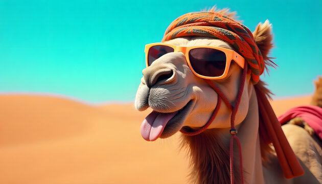 Funny camel wearing retro orange sunglasses in a hot desert landscape with a beige off-road Jeep in the background. Vibrant travel adventure scene with humor, summer vibes, sunshine, safari atmoshere