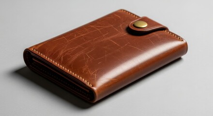 Classic Brown Leather Wallet with Button on Grey Background