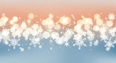 Soft festive background with shimmering bokeh lights and elegant snowflakes drifting across a gentle peach and serene blue gradient, evoking a magical winter wonderland