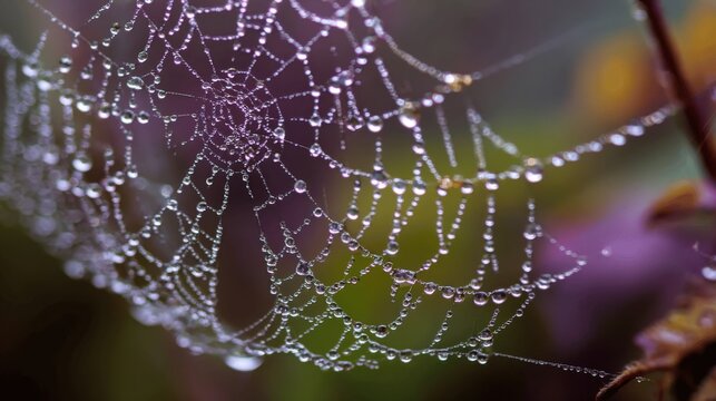 Glowing spider web adorned with shiny dew water drops swaying in wind in forest, shimmering with light. Nature intricate design, fragile morning beauty. Beautiful wood background. - Powered by Adobe