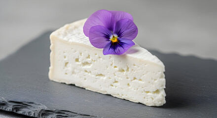 Soft cheese with purple flower decoration on dark stone board