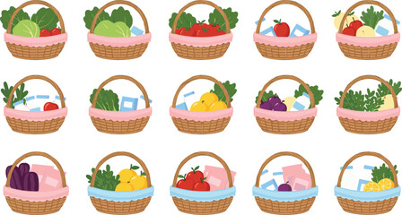 Large Vector Set of Wicker Baskets Filled with Groceries: Cartoon Illustrations of Baskets Containing Fruits, Vegetables, and Milk Cartons, Representing Shopping and Fresh Food