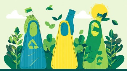 Infographic of plastic waste reduction strategies in flat design with reusable bags, bottles, and eco packaging