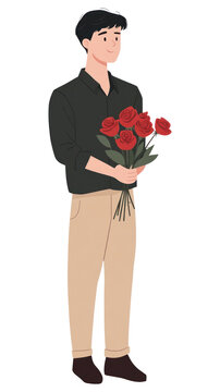 PNG Man carrying red frose bouquet roses illustration flowers.